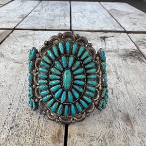 J & E Vintage Sterling Silver cluster Turquoise & Silver Statement Cuff Bracelet